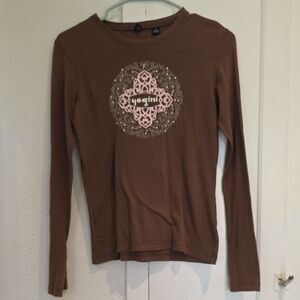 Vintage Alternative Apparel Brown Long Sleeve Tee with Pink Mandala Yoga Graphic